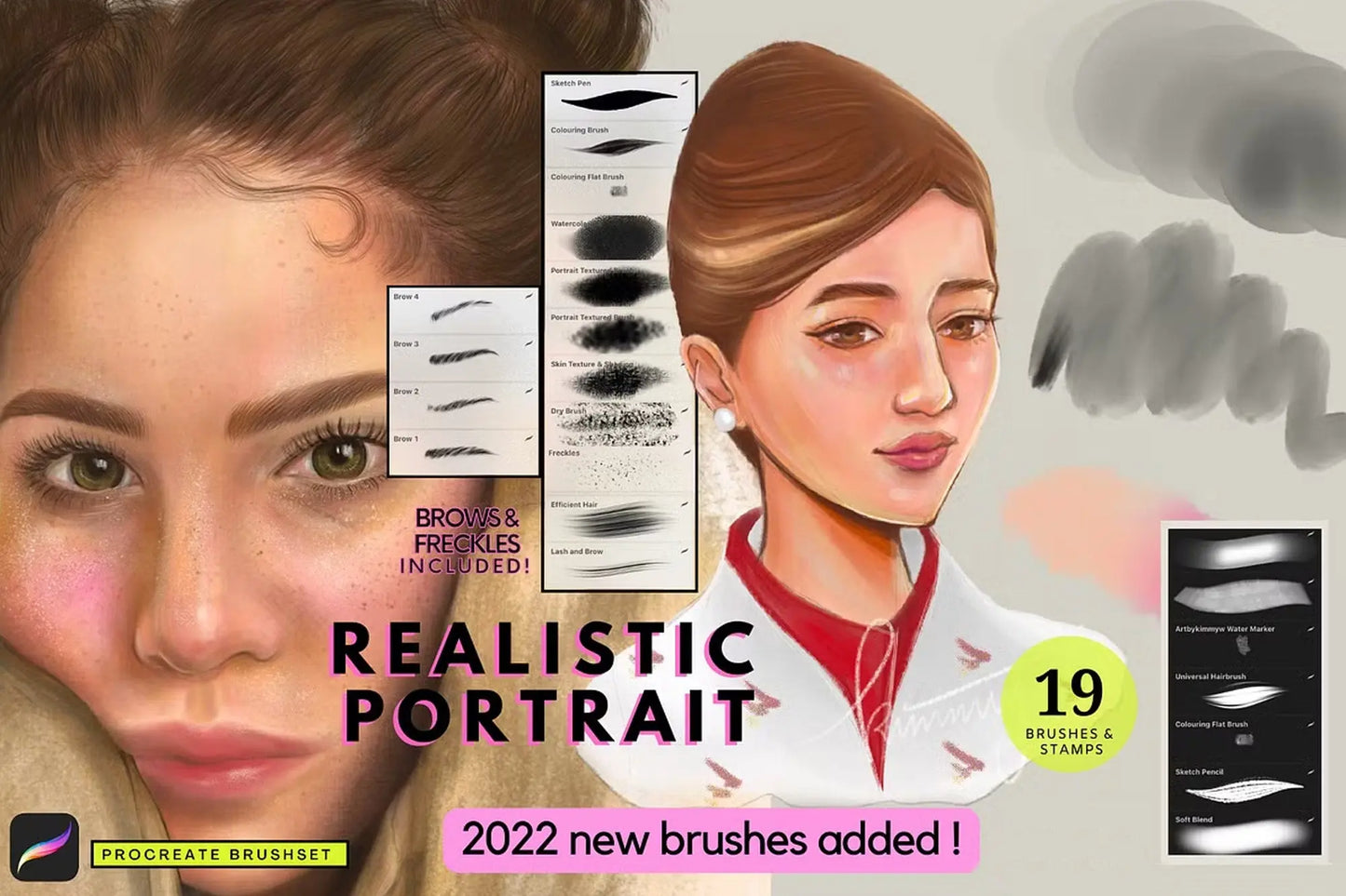 19 Procreate Realistic Portrait Brushes Handsign.Studio