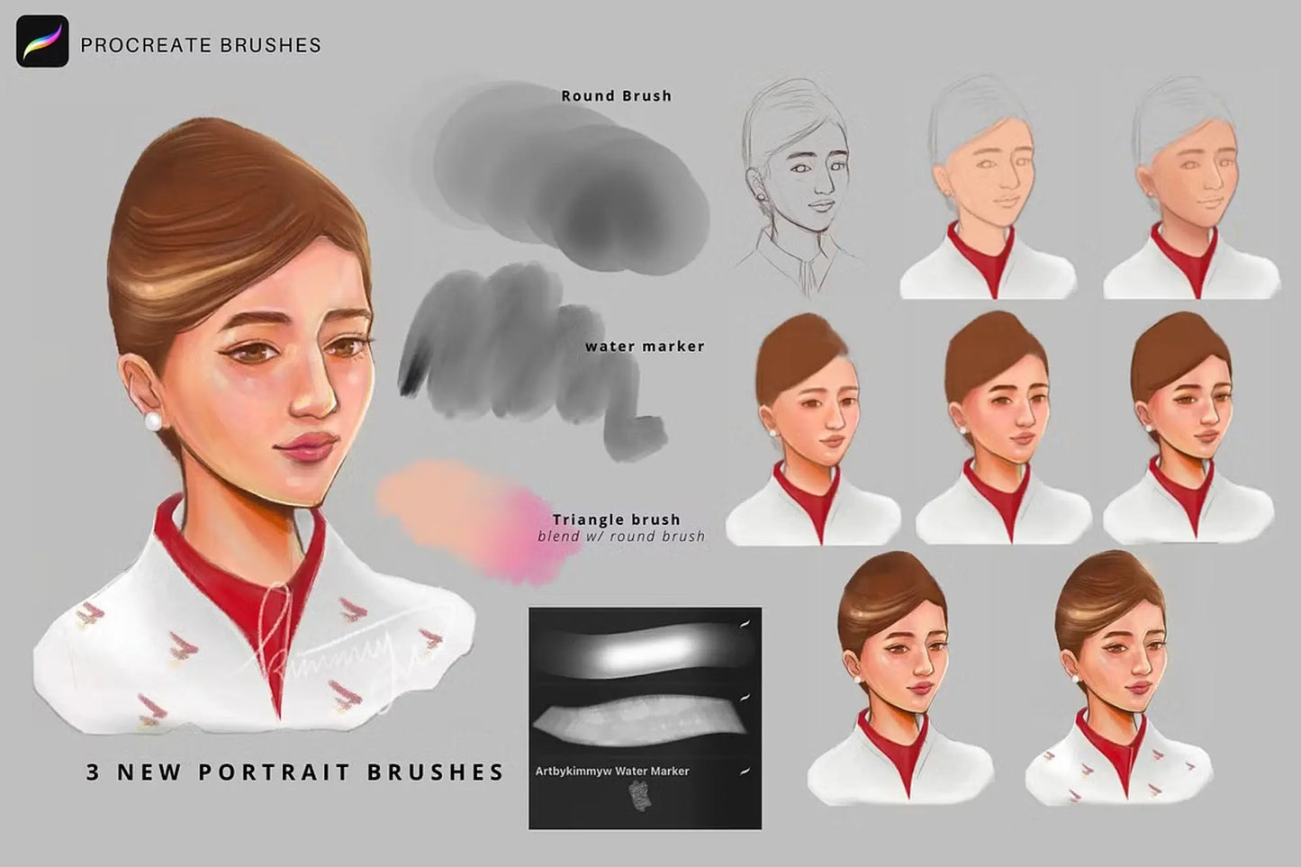 19 Procreate Realistic Portrait Brushes Handsign.Studio