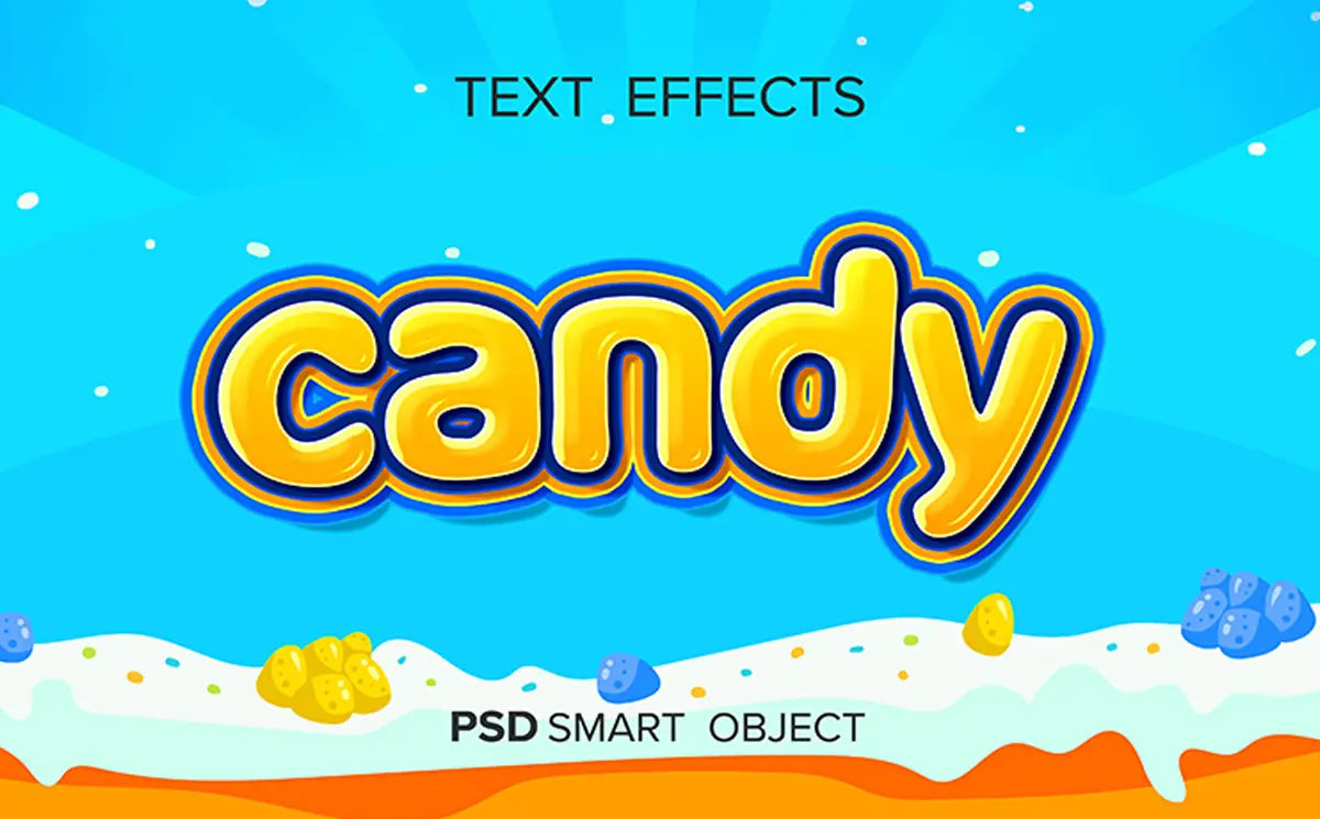 Vol.89 3D text effect PSD in cute pastel yellow with blue background, cartoon style Handsign.Studio Handsign.Studio