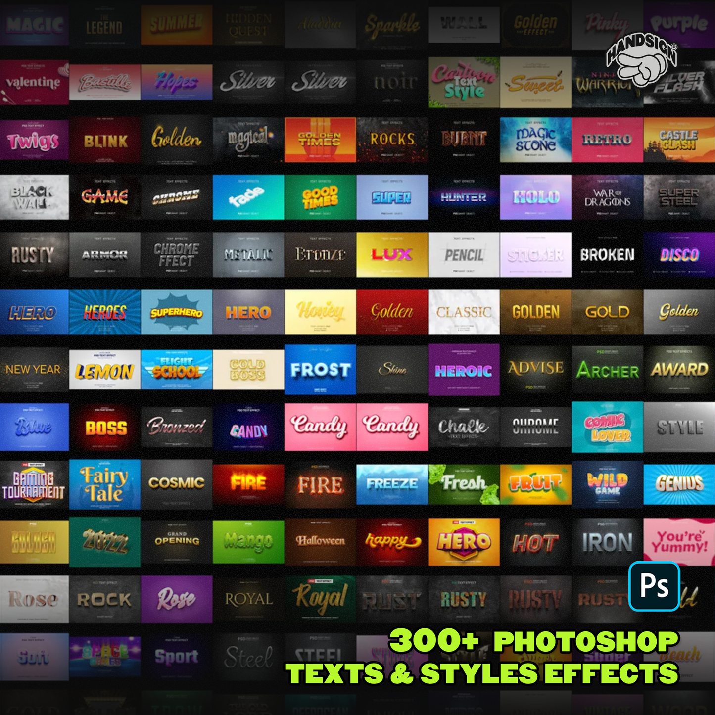 300+ Photoshop Texts & Styles Combo. Compatible with any fonts